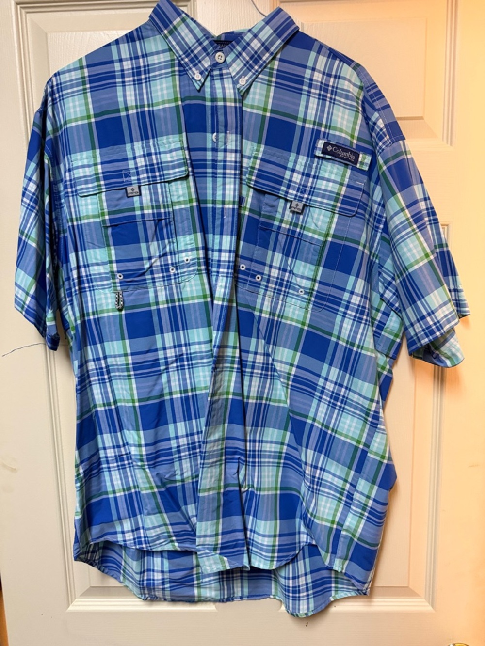Columbia Blue & Green Plaid Short-Sleeve Button-Down Shirt
